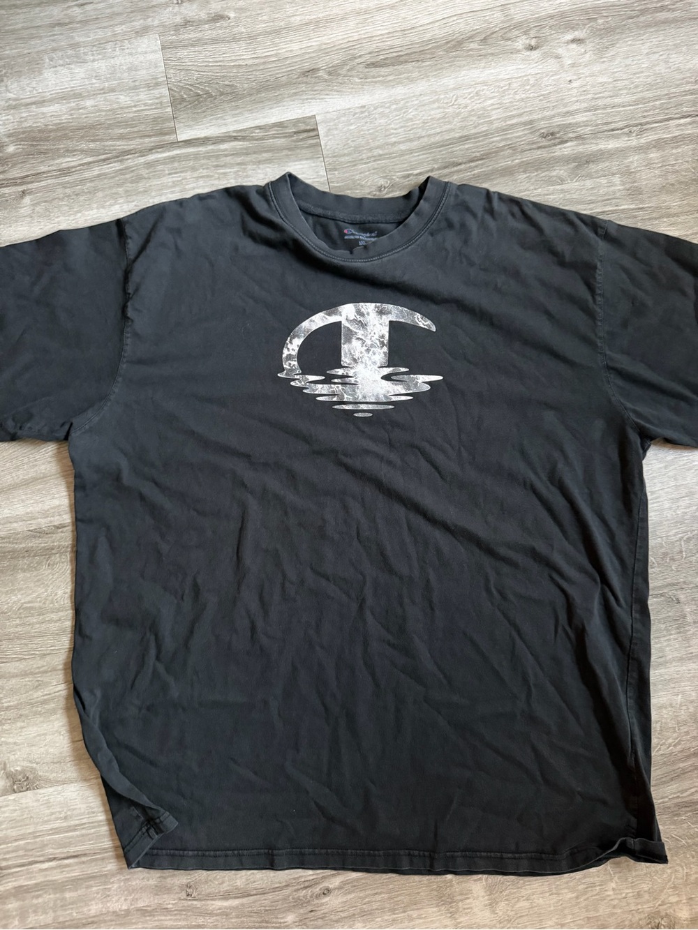 Champion Black Short-Sleeve Tee with Distressed Silver Logo